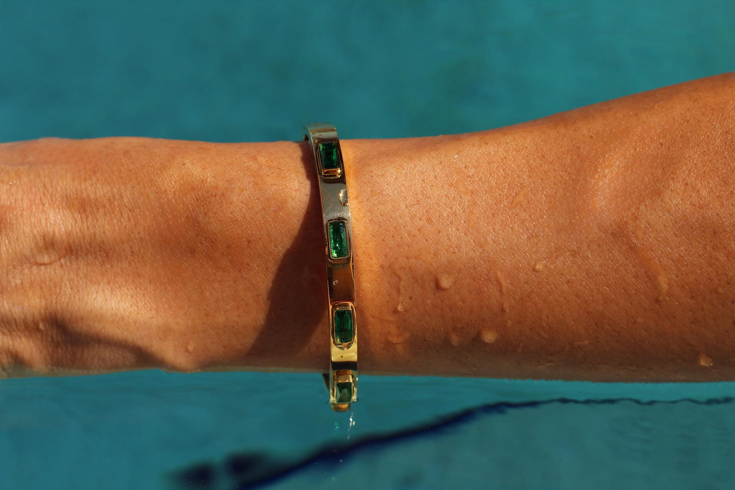 Gold Plated Waterproof Emerald Cuff Bracelet Hypoallergenic Minimalist Jewelry
