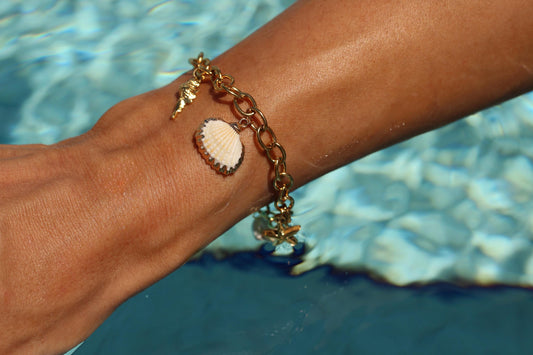 Gold Plated waterproof Gold Bracelet Anklet Shell & Starfish Charm Coastal-Inspired