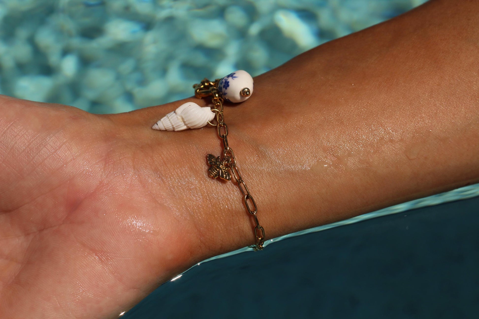 Gold Plated waterproof Gold Bracelet Anklet Shell, Heart, Star & Pearl Accents