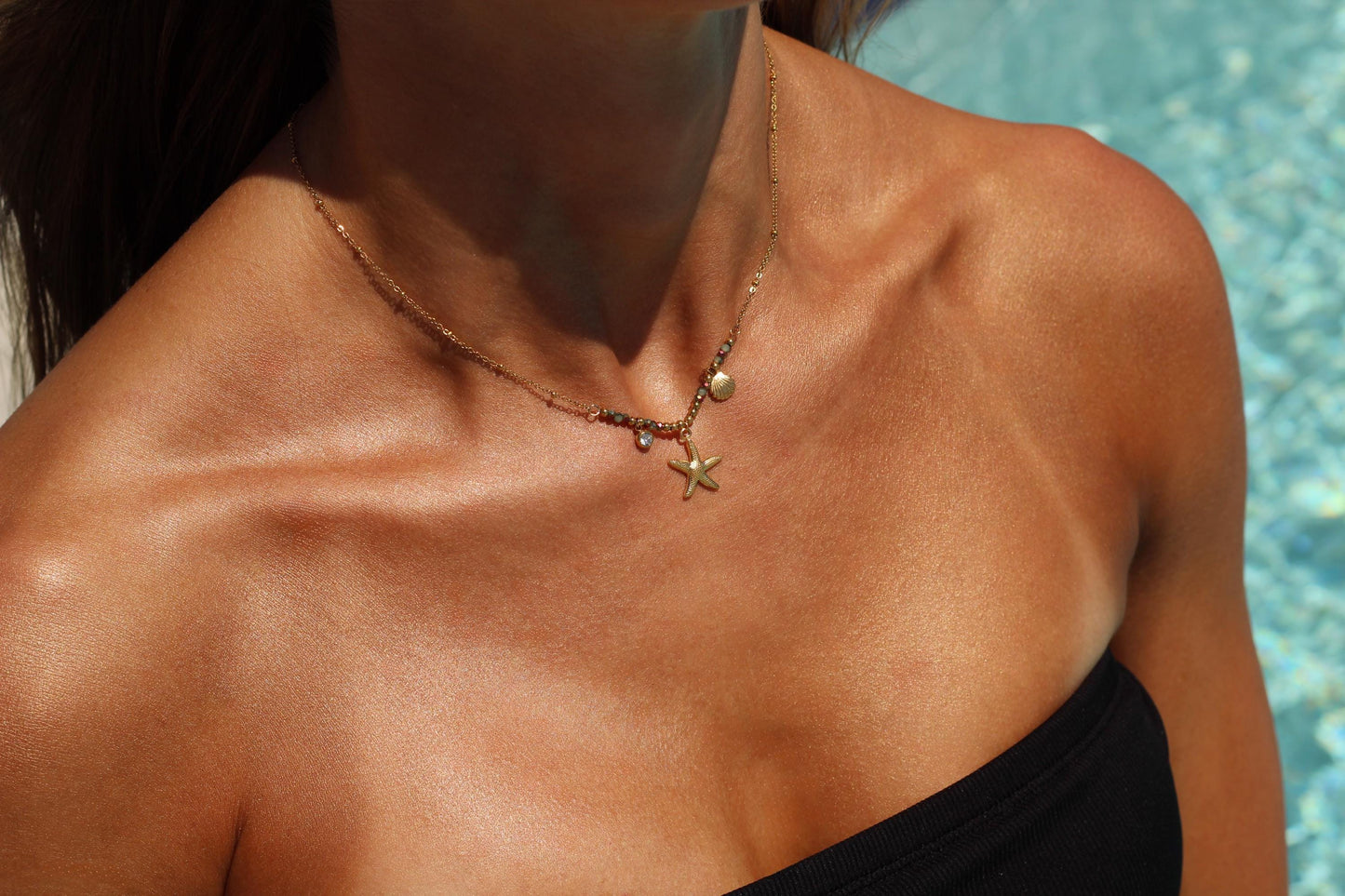 Gold Plated Starfish Necklace: Waterproof Beach Pendant with Shell & Beads