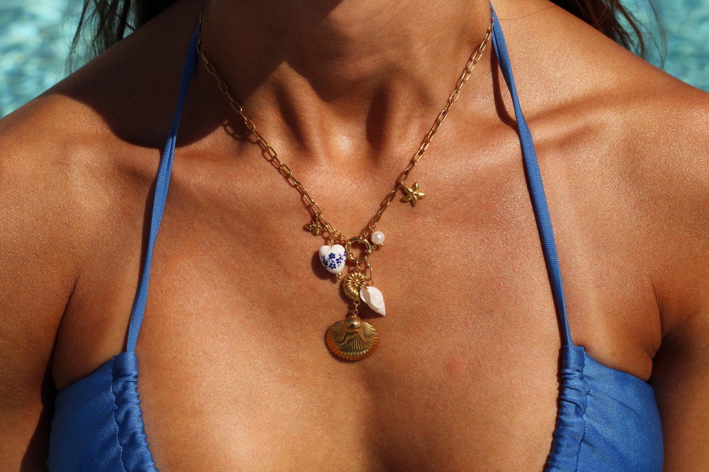 Gold Plated Waterproof Seashell Drop Pendant Necklace – Coastal Charms on Chunky Chain minimalist jewelry
