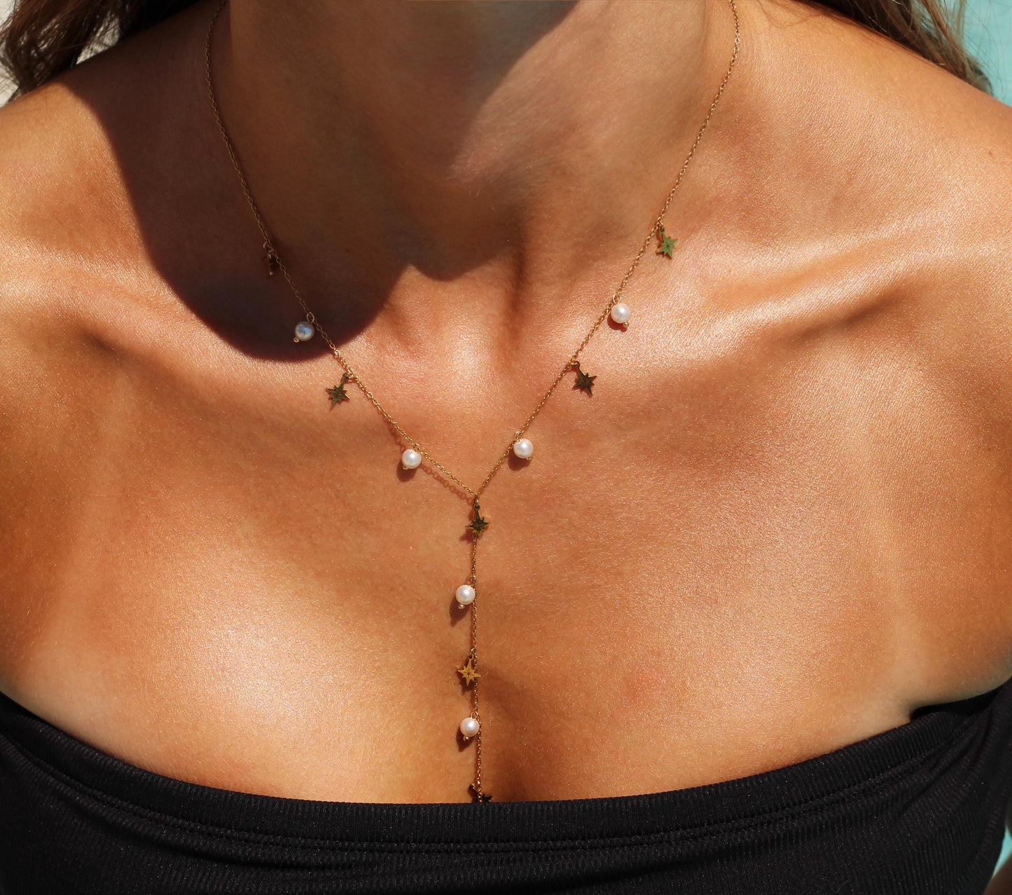 Gold Plated Waterproof Necklace Star & Pearl Y-Necklace – Celestial Minimalist Lariat, Non-Oxidizing