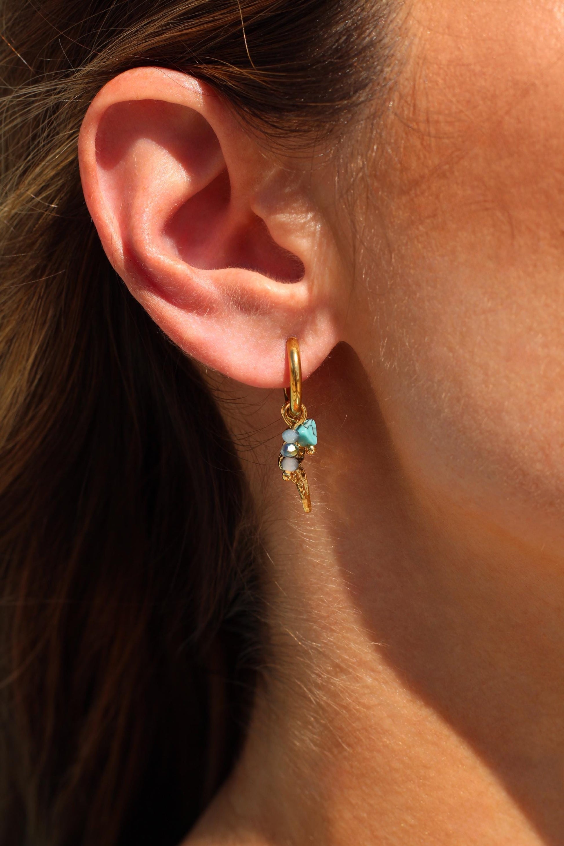 Gold Plated Waterproof Shell Charm Earrings – Ocean Blue Gem & Pearl Hoop / Dangle – Minimalist Jewelry