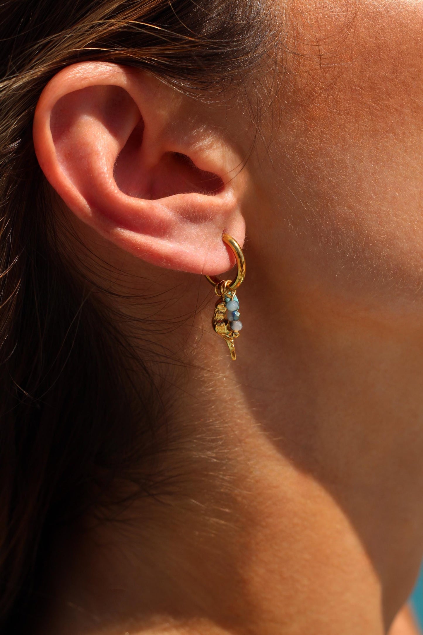 Gold Plated Waterproof Shell Charm Earrings – Ocean Blue Gem & Pearl Hoop / Dangle – Minimalist Jewelry