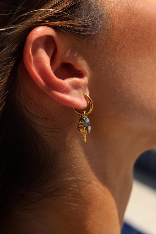 Gold Plated Waterproof Shell Charm Earrings – Ocean Blue Gem & Pearl Hoop / Dangle – Minimalist Jewelry