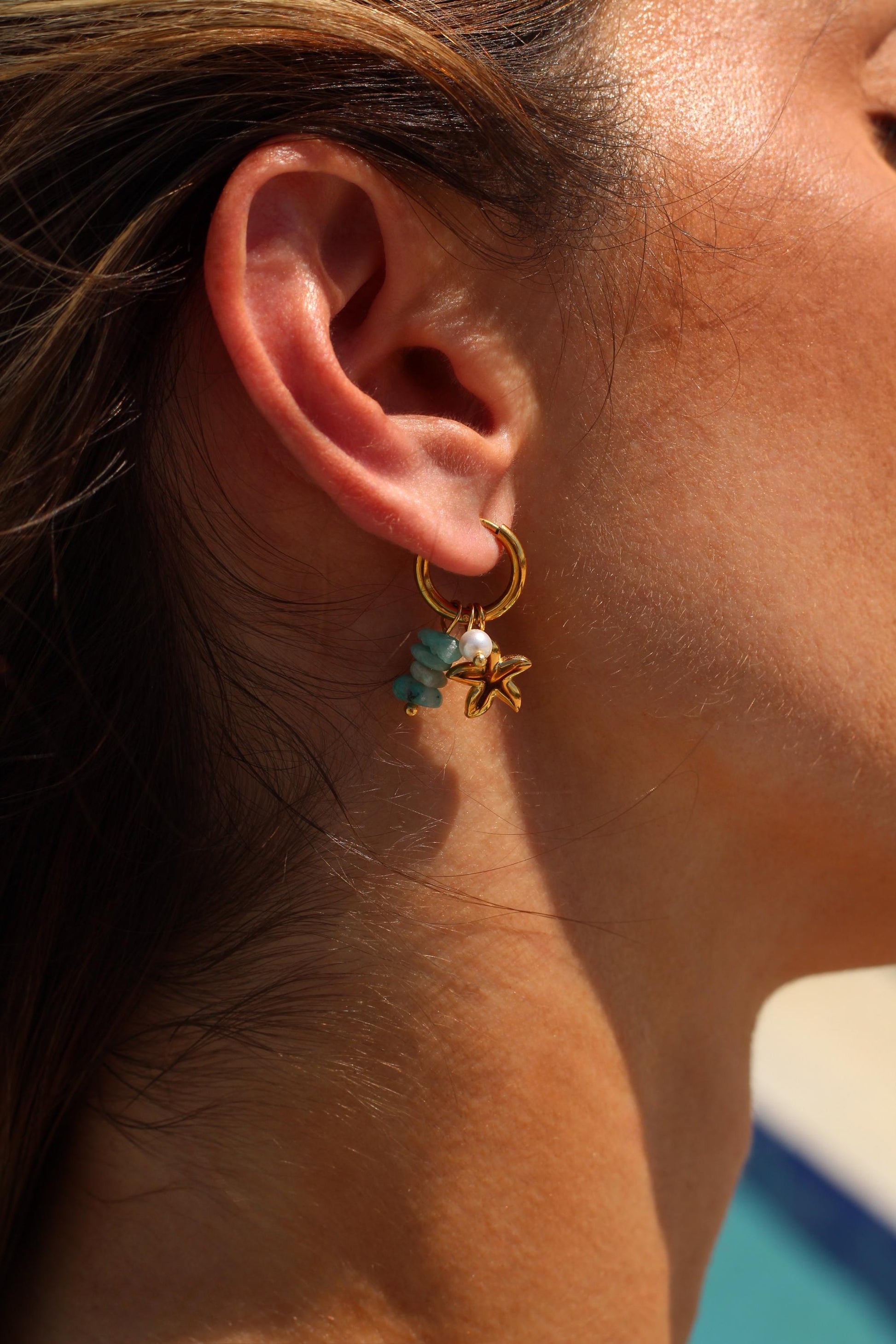 Gold Plated Waterproof Starfish & Shell Charm Earrings – Ocean Drop Hoops with Pearls minimalist jewelry