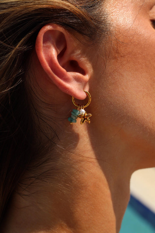Gold Plated Waterproof Starfish & Shell Charm Earrings – Ocean Drop Hoops with Pearls minimalist jewelry