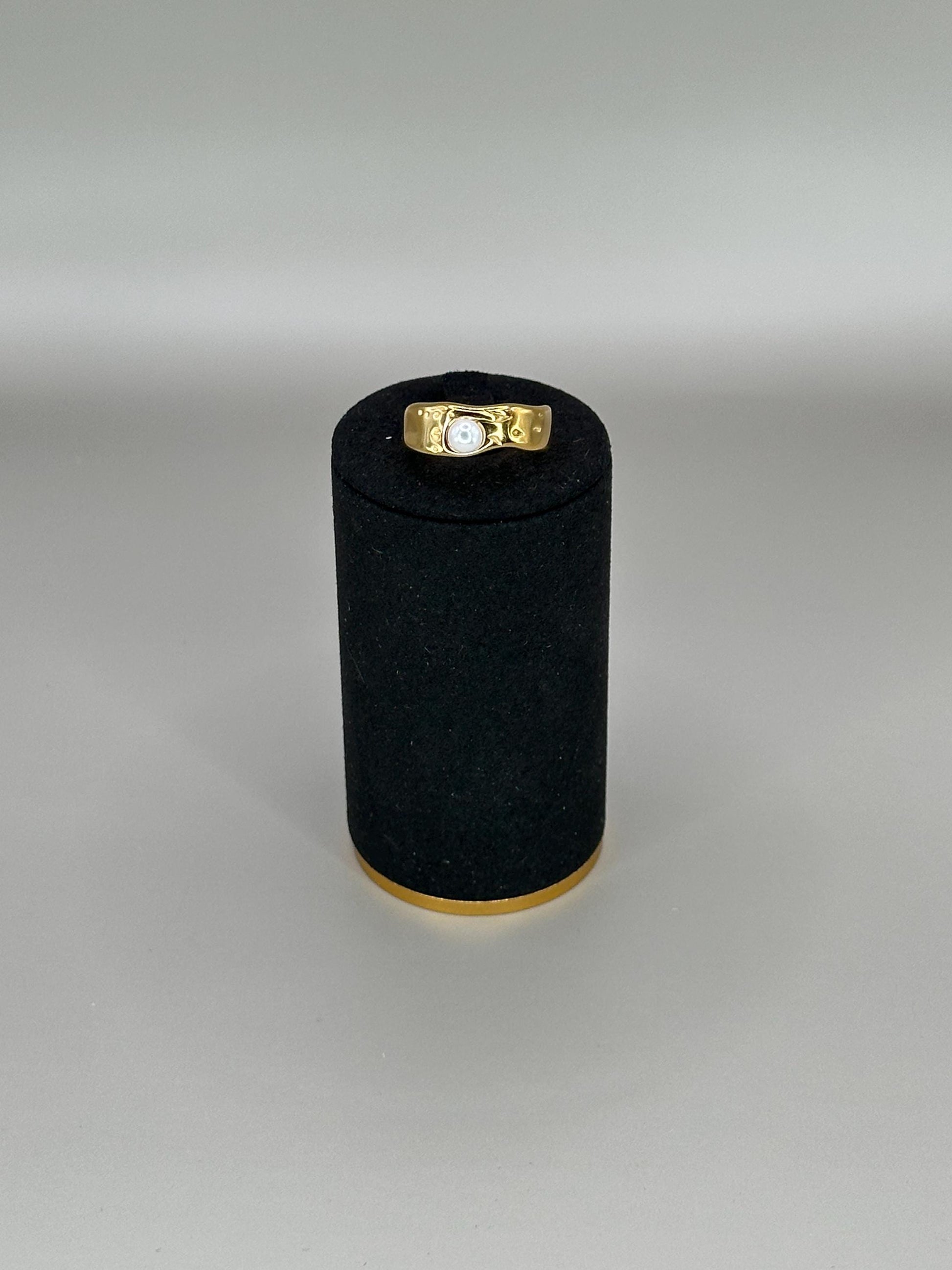 Gold Plated Waterproof Engraved Band Ring with Pearl – Hypoallergenic Adjustable Minimalist Jewelry