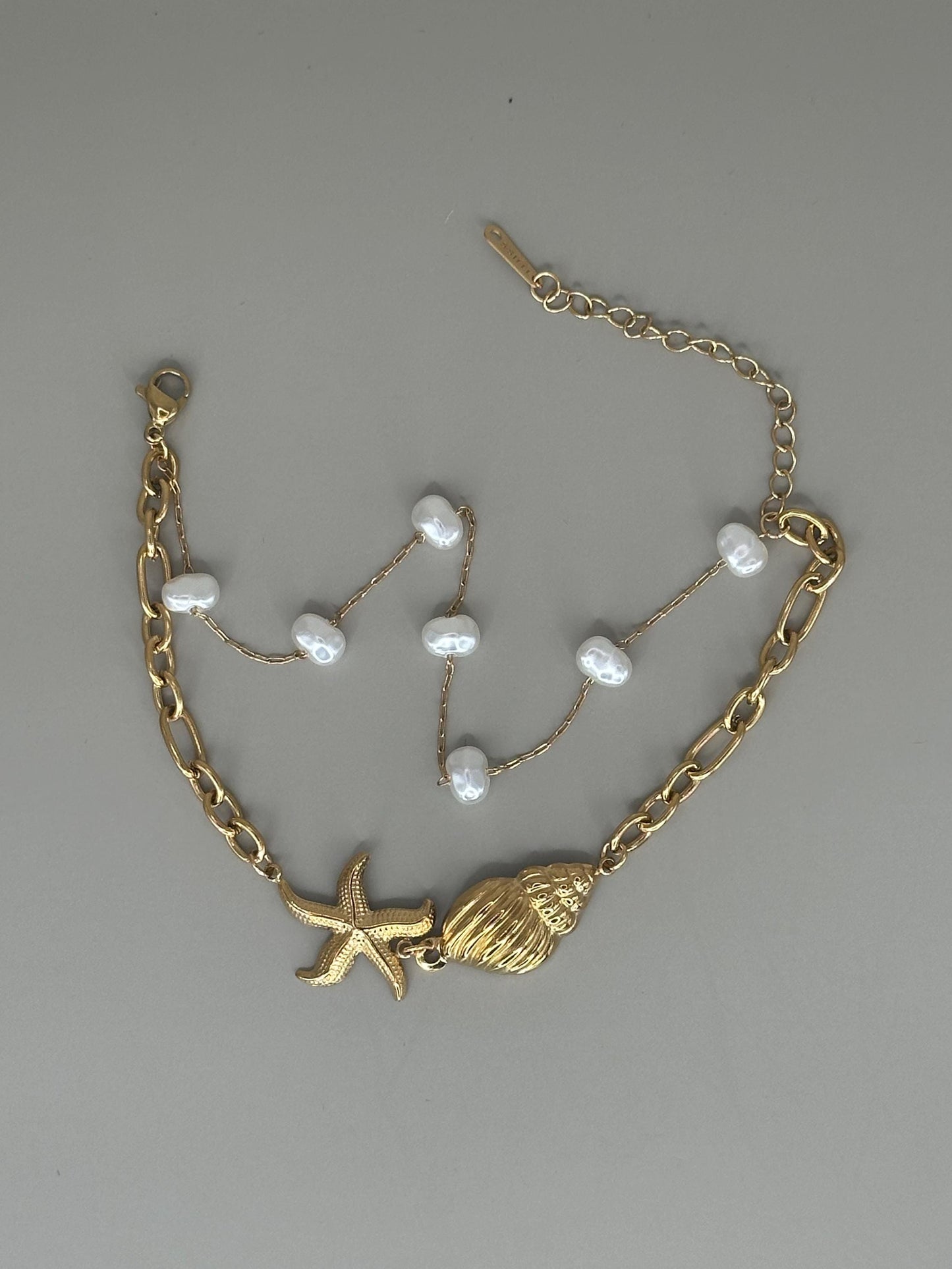 Gold Plated waterproof Gold Bracelet Anklet Ocean Pearl layered Shell Charm Minimalist & Elegant