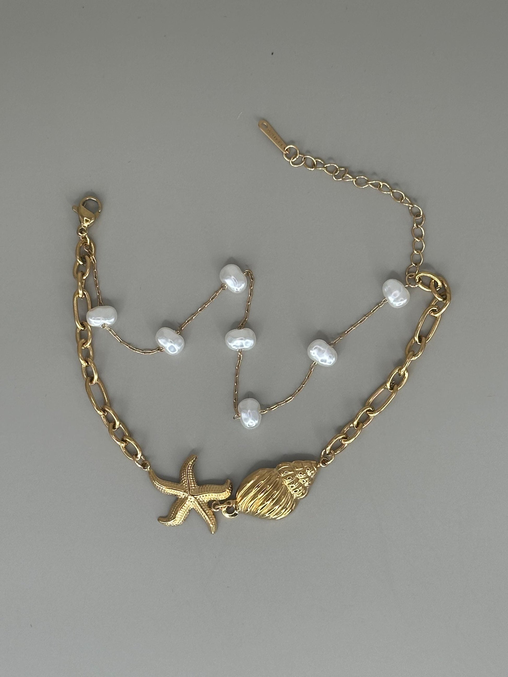Gold Plated waterproof Gold Bracelet Anklet Ocean Pearl layered Shell Charm Minimalist & Elegant