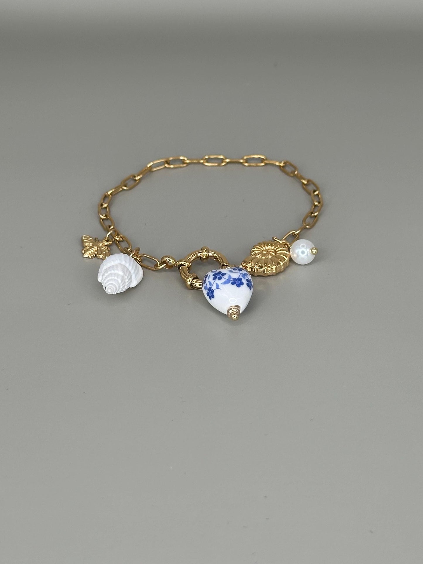 Gold Plated waterproof Gold Bracelet Anklet Shell, Heart, Star & Pearl Accents