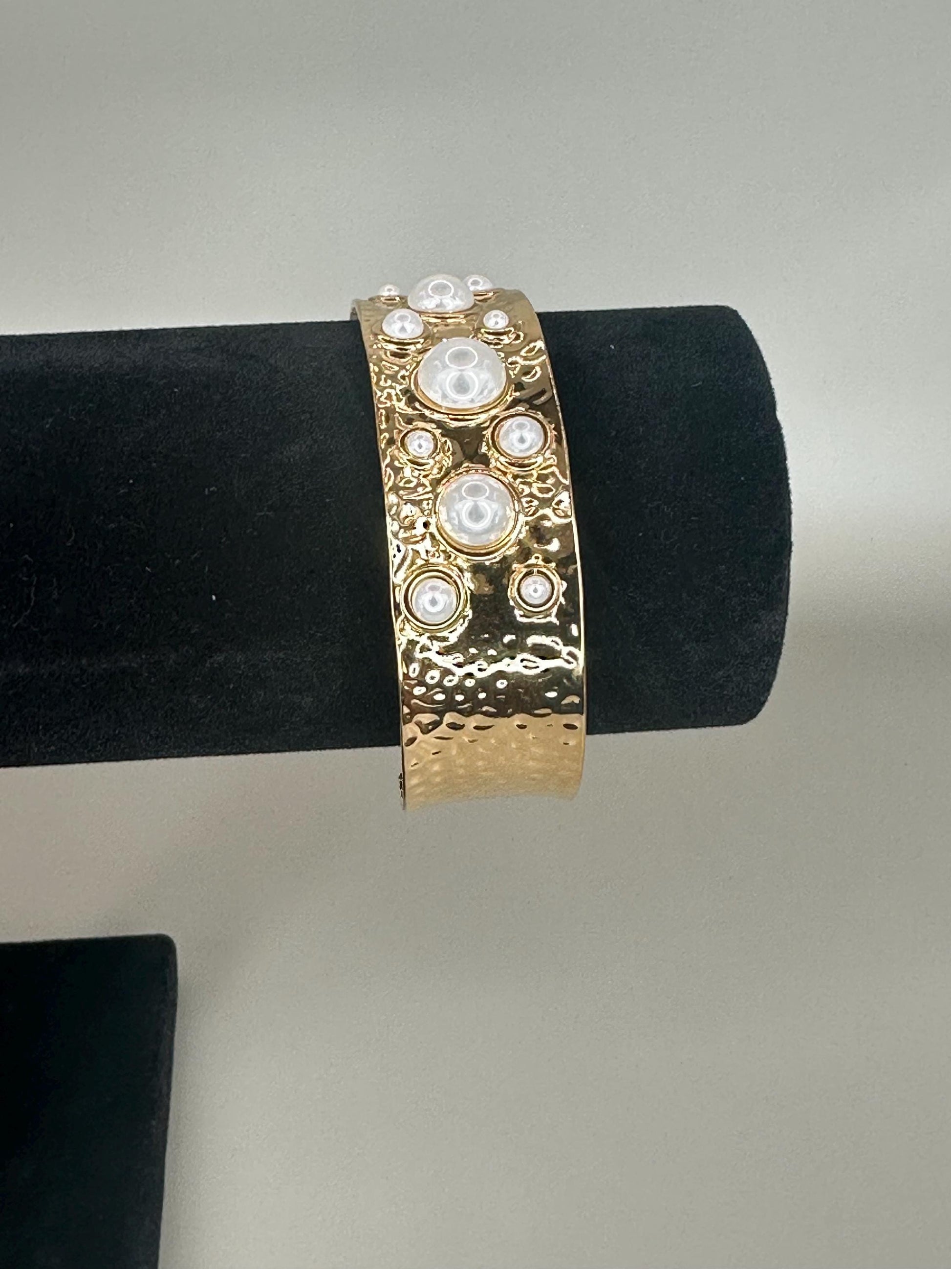 Gold Plated Cuff Bracelet Anklet: Hammered Texture, Pearl Inlays, Adjustable Boho Jewelry