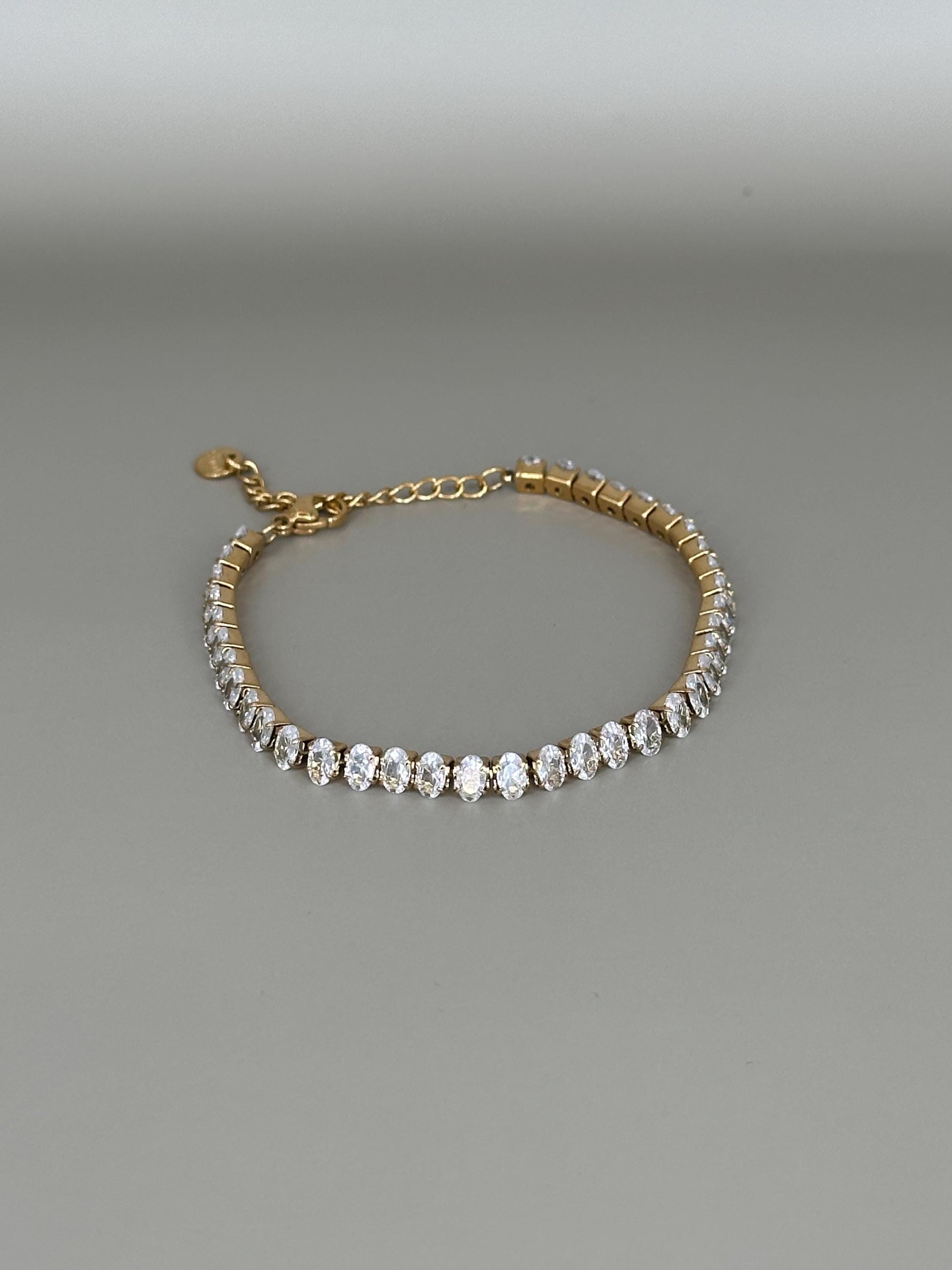 Gold Plated Waterproof Oval Crystal Tennis Bracelet - Hypoallergenic Minimalist Jewelry