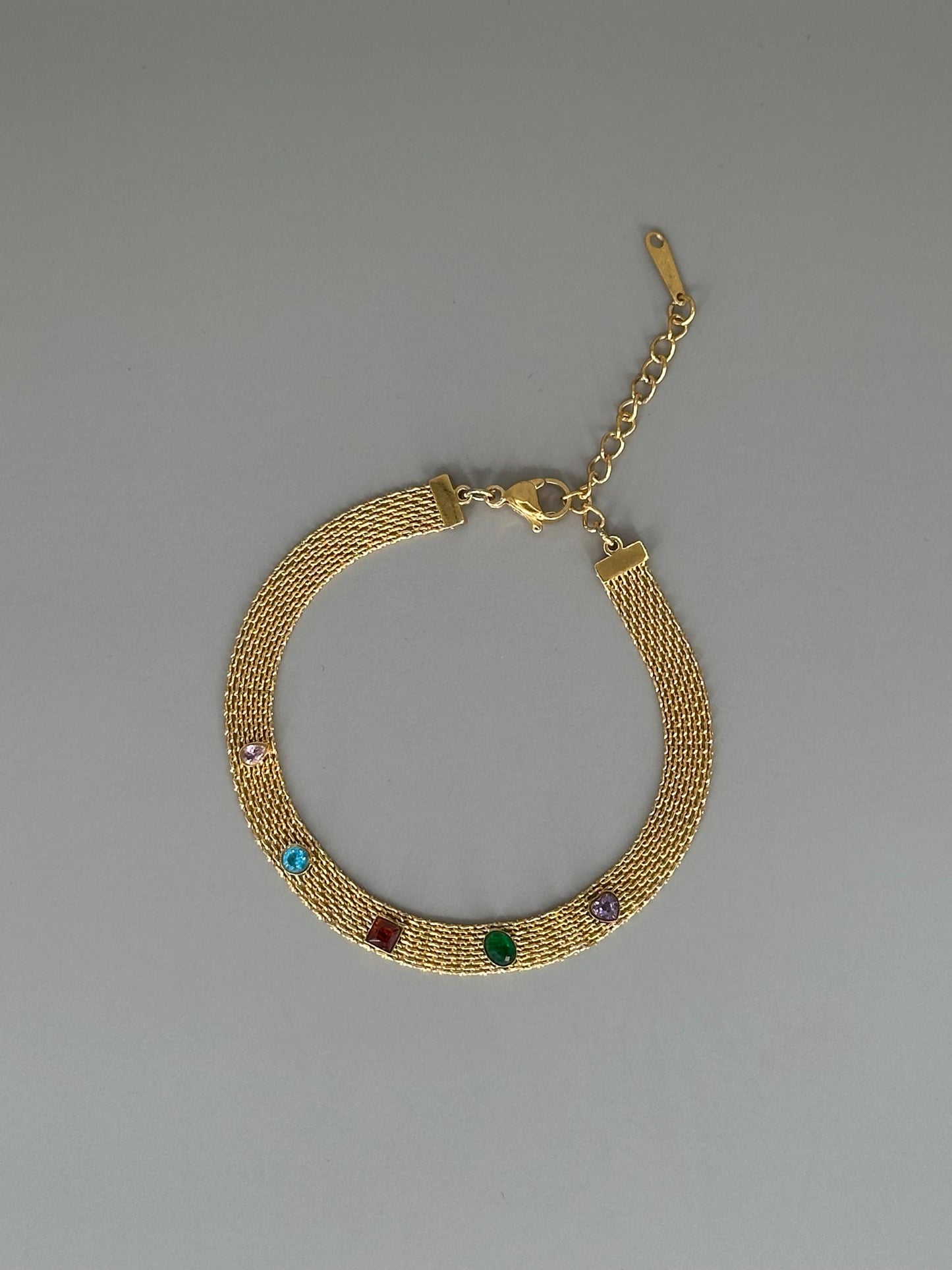Gold Plated Waterproof Colorful Gem Mesh Bracelet Hypoallergenic Minimalist Jewelry