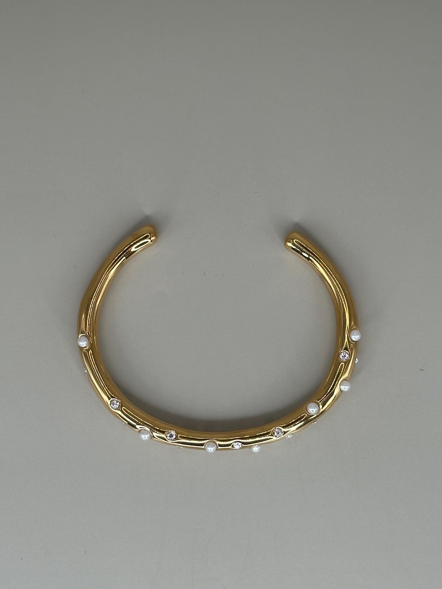 Gold Plated Waterproof Pearl & Crystal Cuff Bracelet, Hypoallergenic Minimalist Jewelry