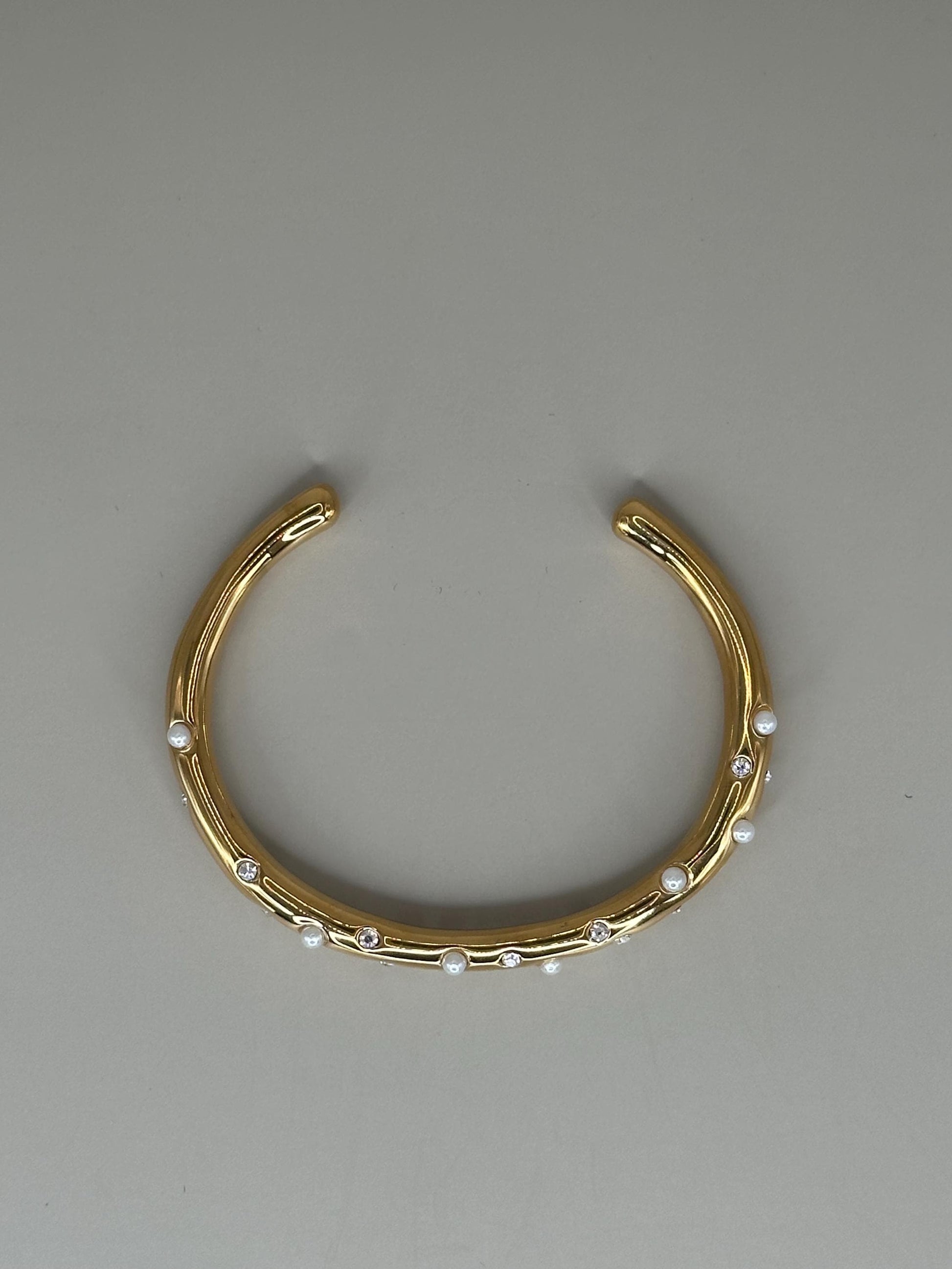 Gold Plated Waterproof Pearl & Crystal Cuff Bracelet, Hypoallergenic Minimalist Jewelry
