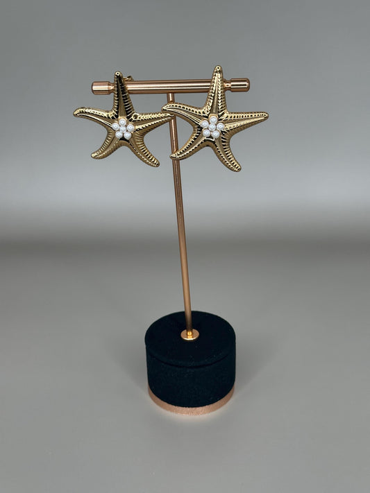 Gold Plated Waterproof Starfish Earrings – Hypoallergenic Pearl Center Studs, Minimalist Jewelry