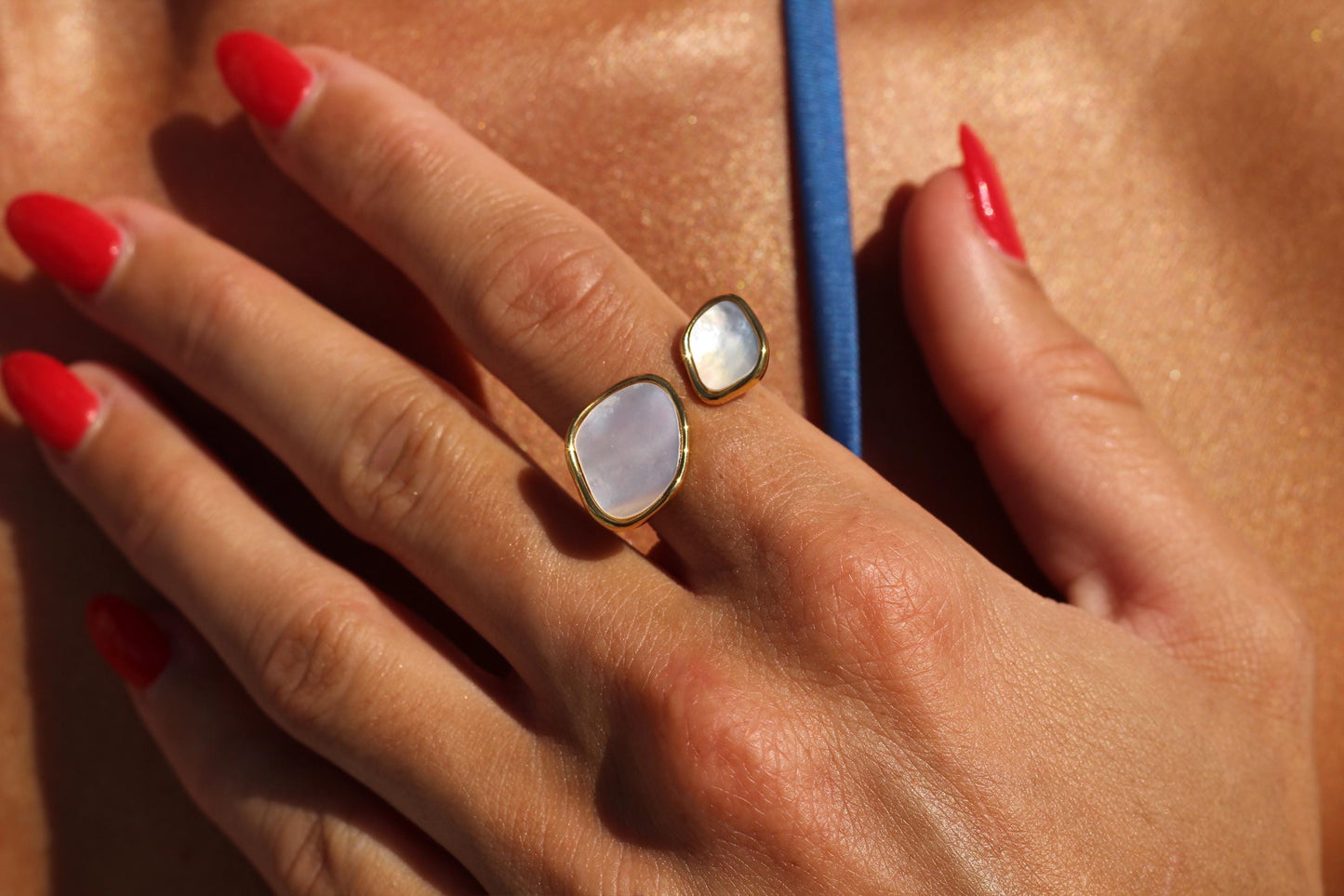 Gold Plated Waterproof Hypoallergenic Flat Pearl Open Ring – Minimalist Jewelry