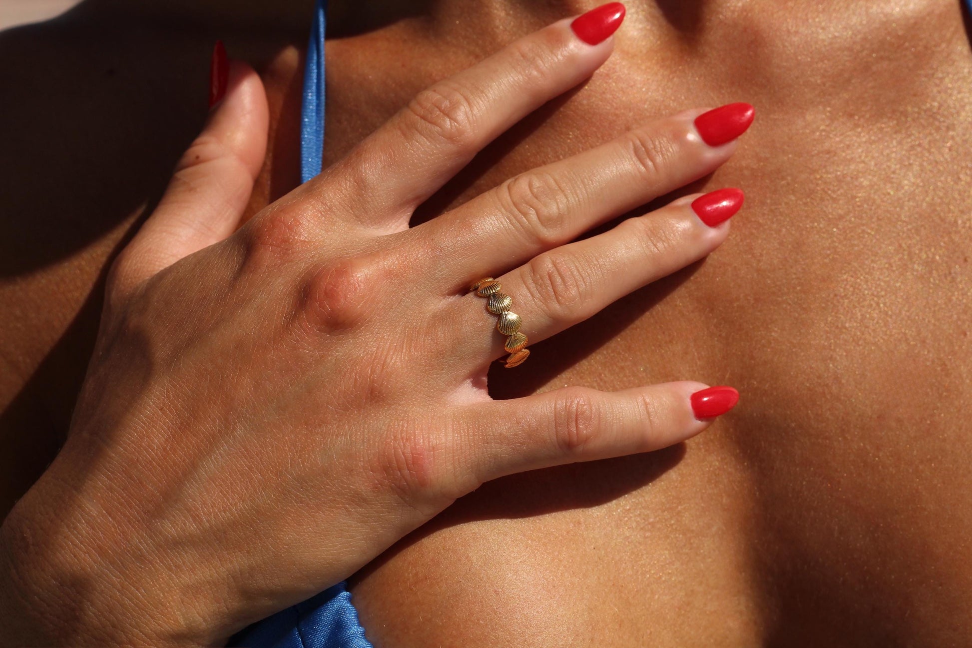 Gold Plated Waterproof Seashell Ring – Hypoallergenic Adjustable Band – Minimalist Jewelry