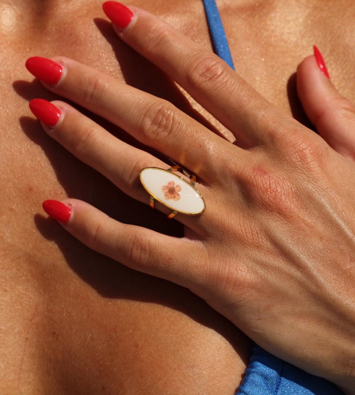 Gold Plated Pressed Flower Ring: Waterproof Adjustable Boho Jewelry