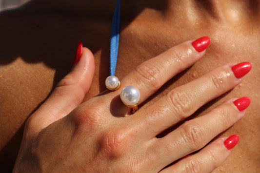 Gold Plated Waterproof Double Pearl Open Ring – Hypoallergenic Adjustable Minimalist Jewelry