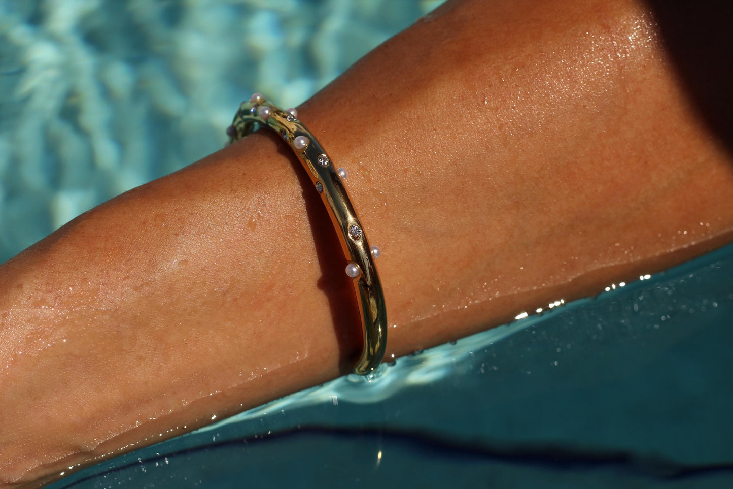 Gold Plated Waterproof Pearl & Crystal Cuff Bracelet, Hypoallergenic Minimalist Jewelry
