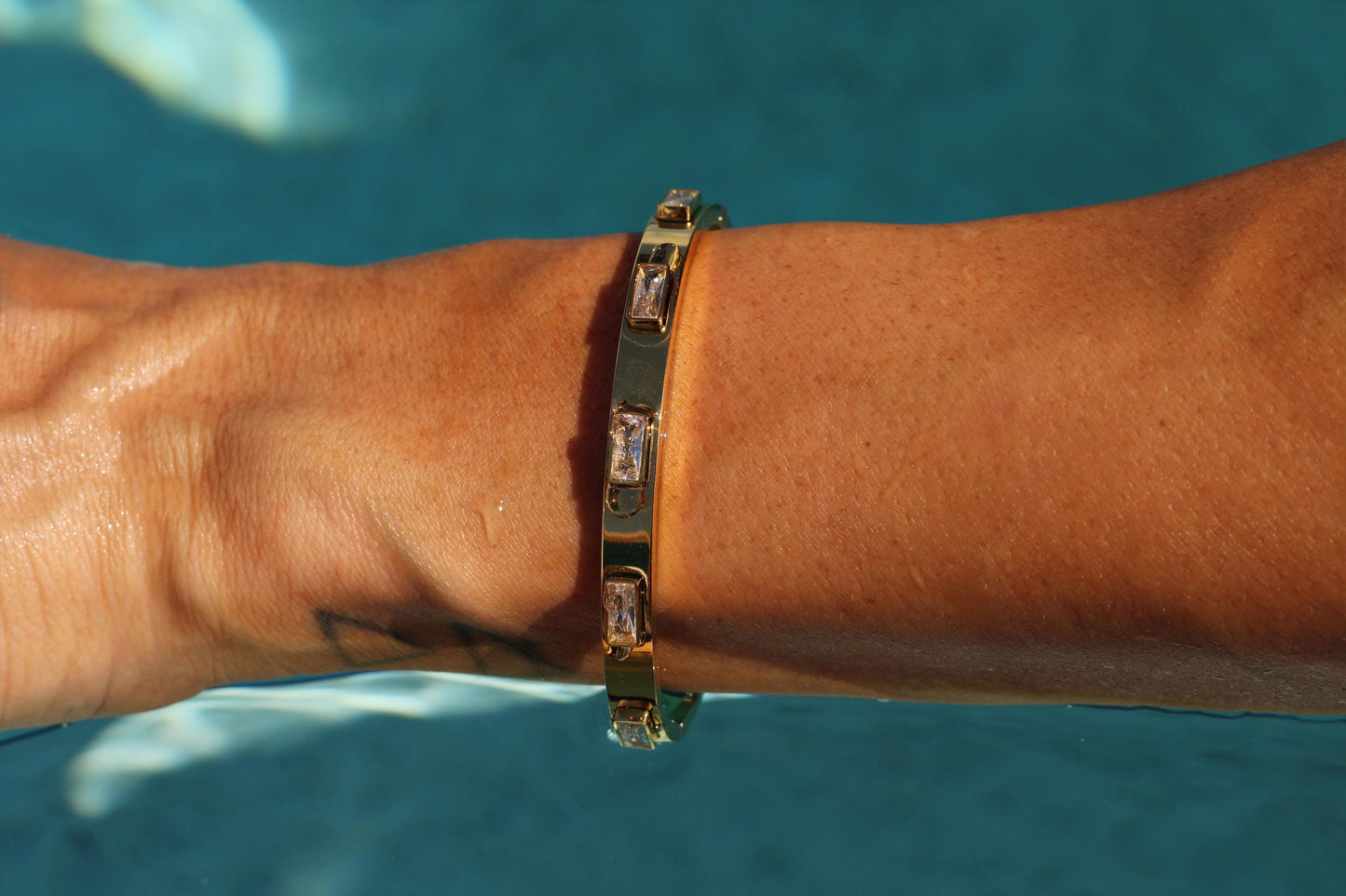 Gold Plated Waterproof Baguette Crystal Bangle Bracelet – Hypoallergenic Minimalist Jewelry