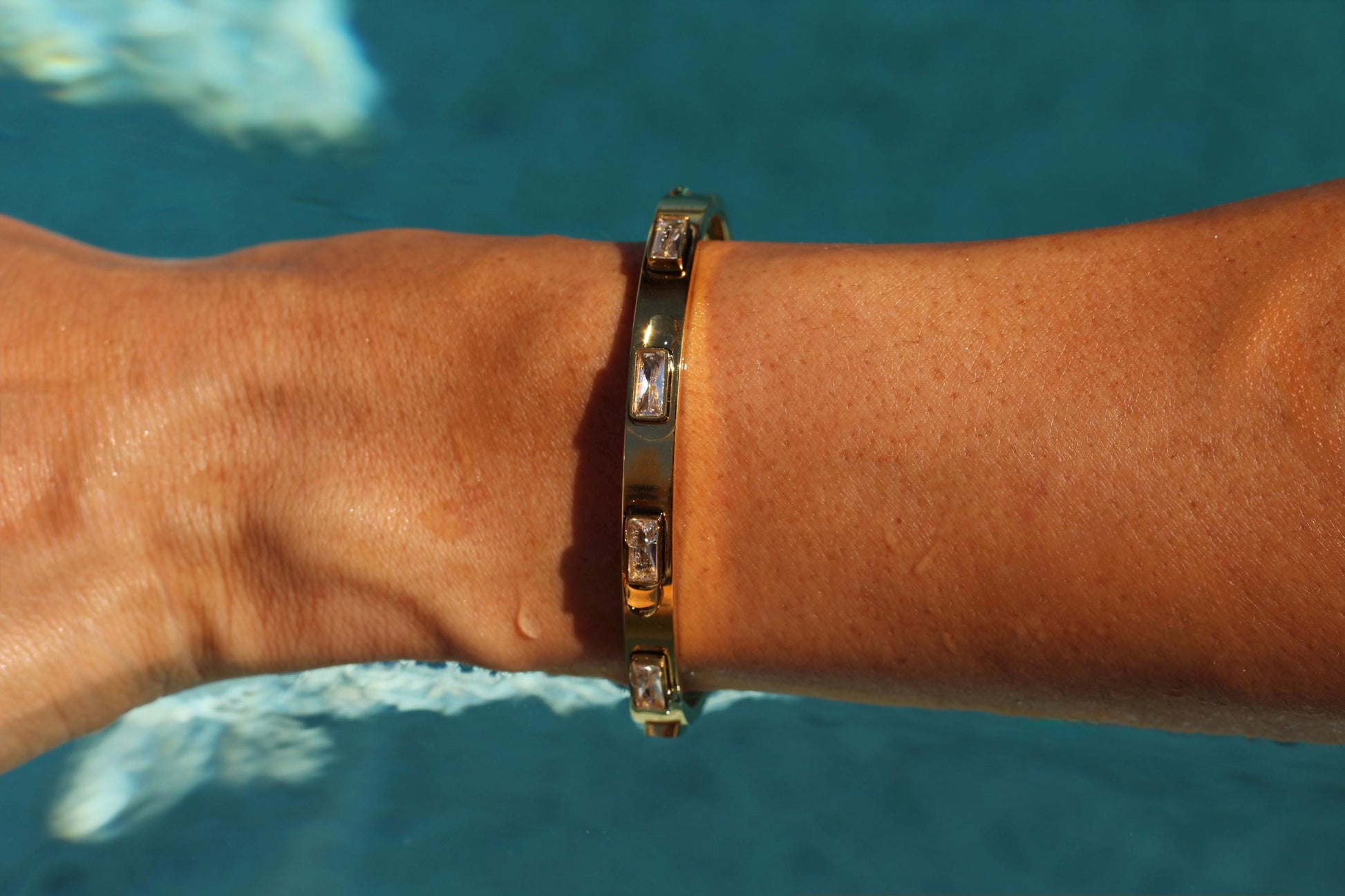 Gold Plated Waterproof Baguette Crystal Bangle Bracelet – Hypoallergenic Minimalist Jewelry