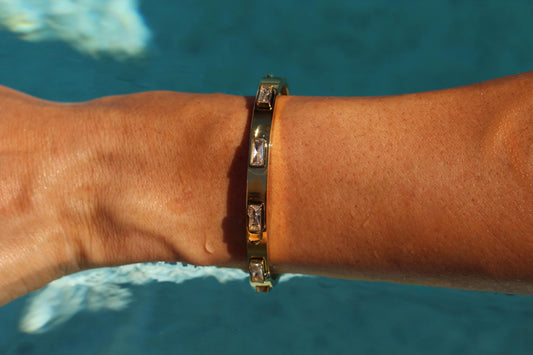 Gold Plated Waterproof Baguette Crystal Bangle Bracelet – Hypoallergenic Minimalist Jewelry