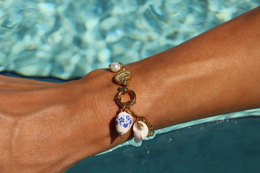 Gold Plated waterproof Gold Bracelet Anklet Shell, Heart, Star & Pearl Accents
