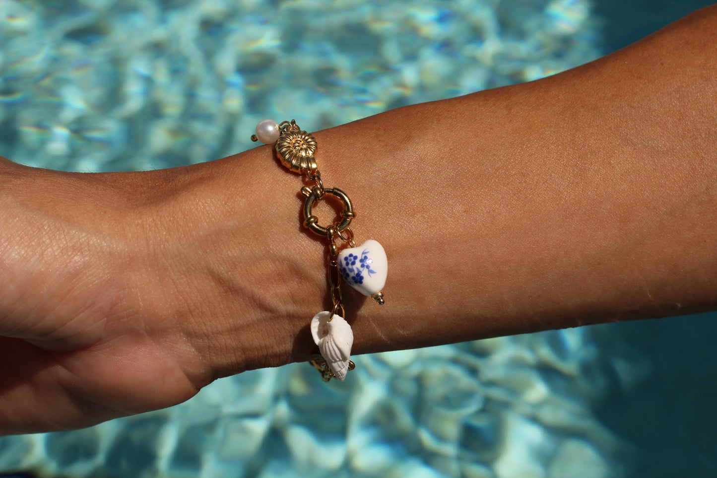 Gold Plated waterproof Gold Bracelet Anklet Shell, Heart, Star & Pearl Accents