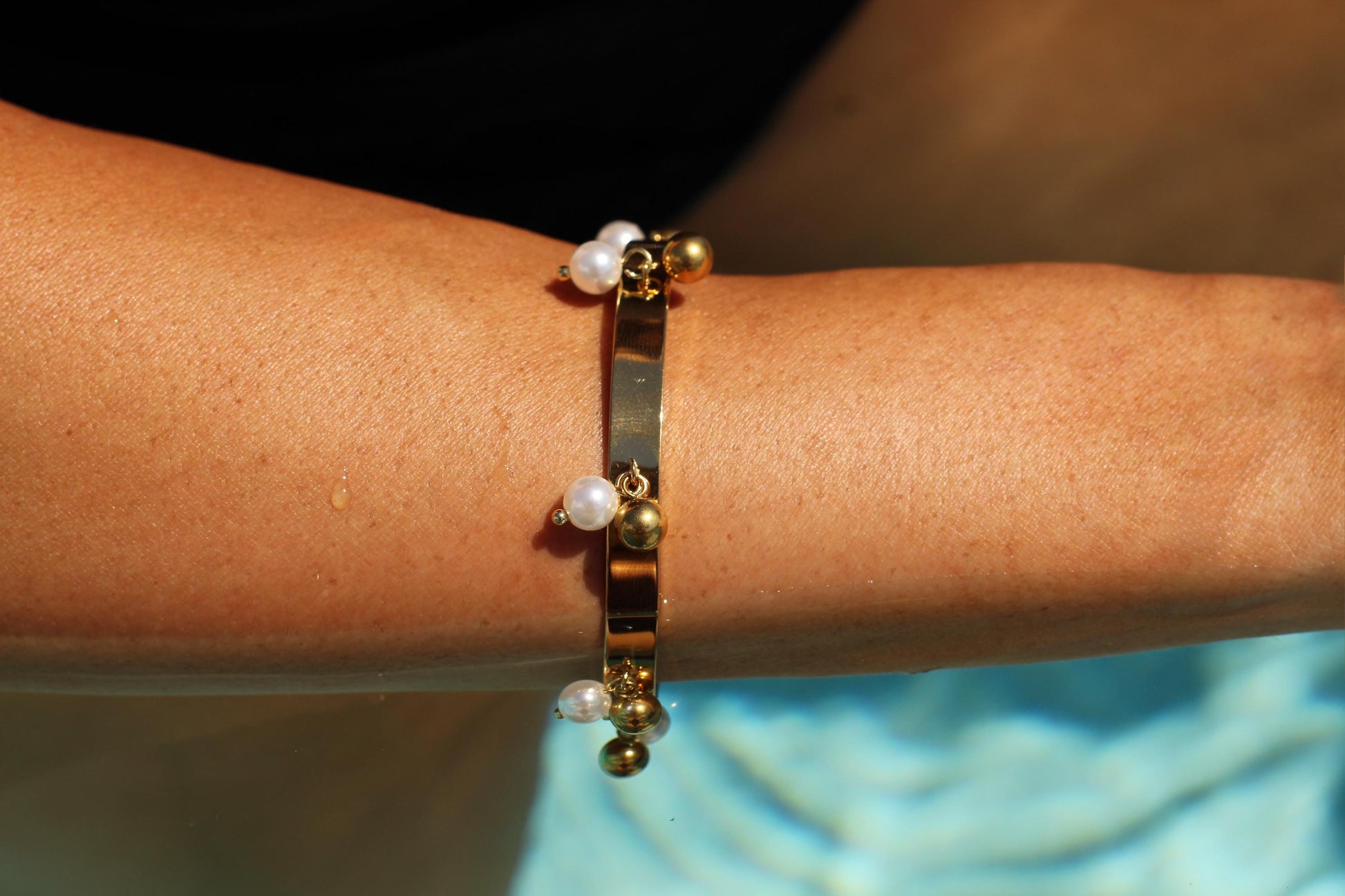 Gold Plated Pearl Cuff Bracelet: Waterproof Boho Bangle