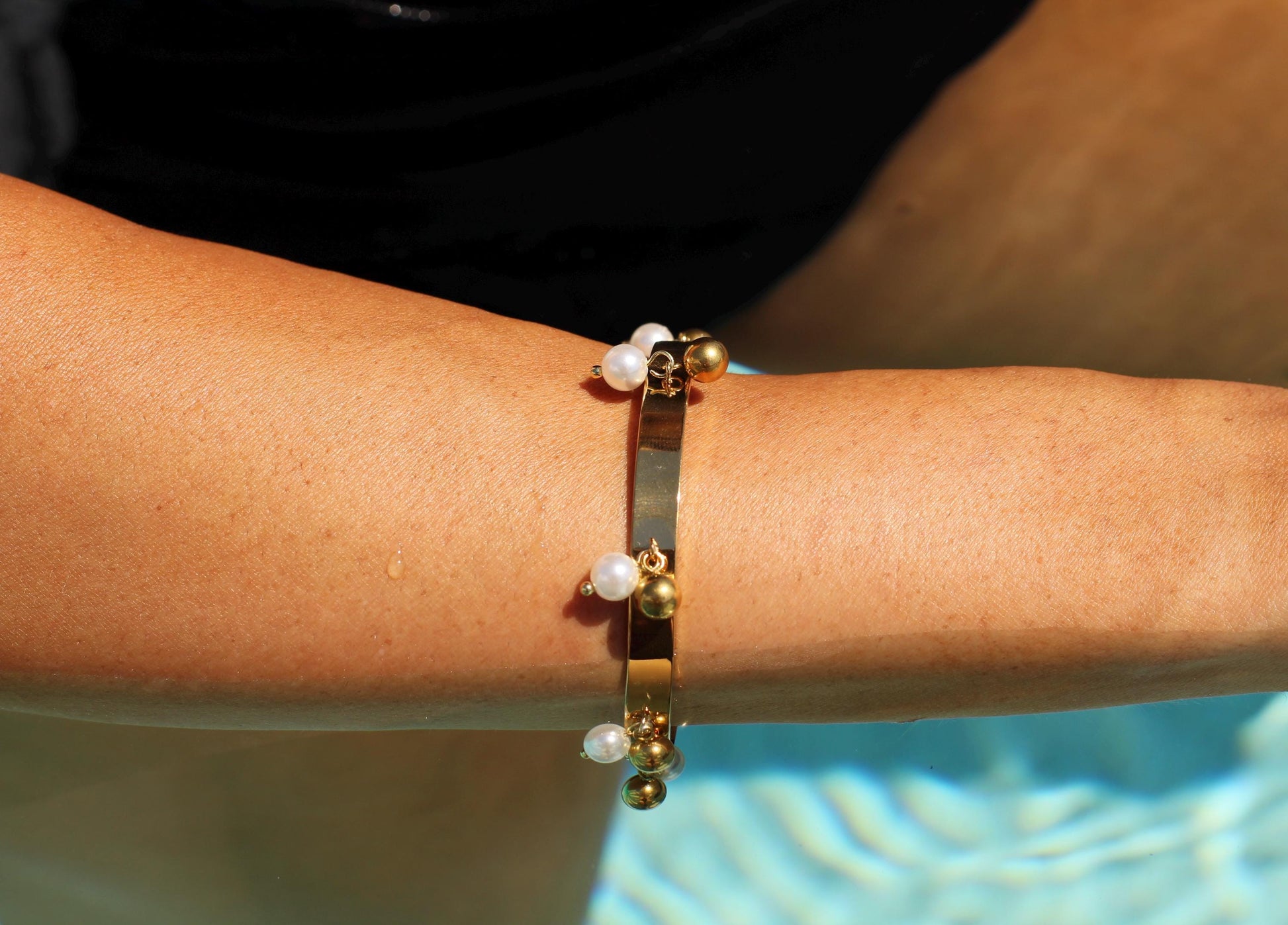 Gold Plated Pearl Cuff Bracelet: Waterproof Boho Bangle