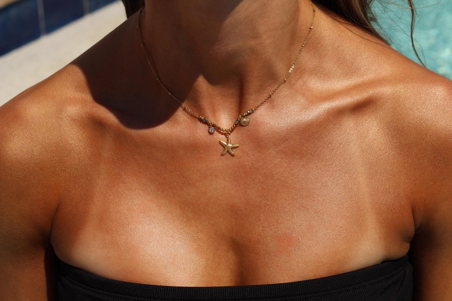 Gold Plated Starfish Necklace: Waterproof Beach Pendant with Shell & Beads