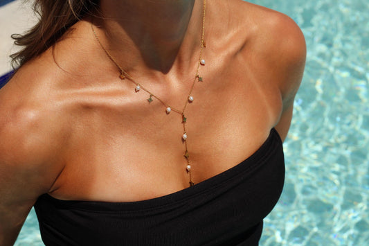 Gold Plated Waterproof Necklace Star & Pearl Y-Necklace – Celestial Minimalist Lariat, Non-Oxidizing