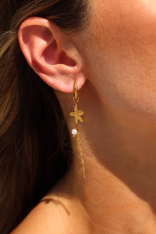 Gold Plated Starfish Pearl Drop Earrings: Hypoallergenic Beach Jewelry