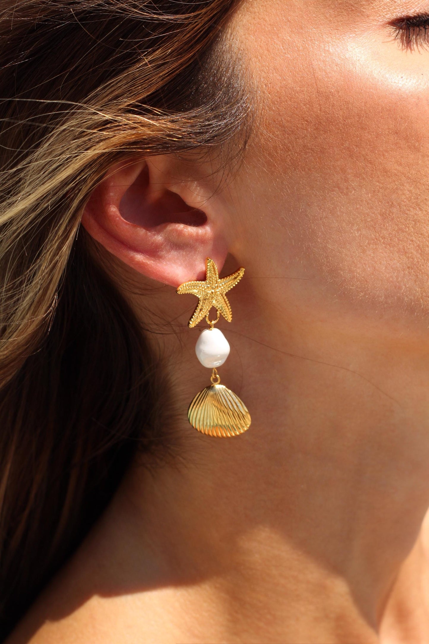 Gold Plated Waterproof Starfish , Shell , Mother Pearl Earrings – Hypoallergenic Minimalist Jewelry