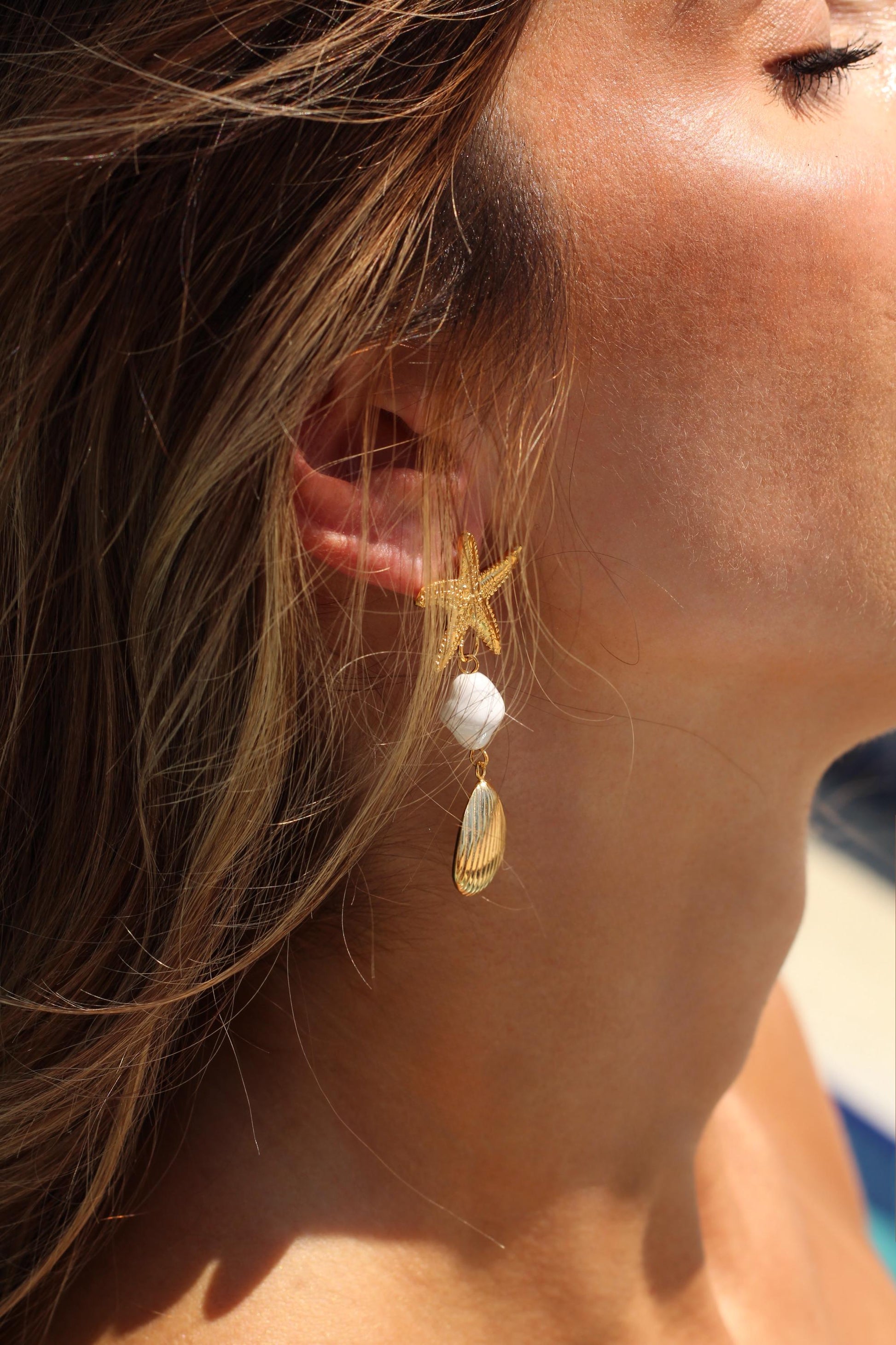 Gold Plated Waterproof Starfish , Shell , Mother Pearl Earrings – Hypoallergenic Minimalist Jewelry