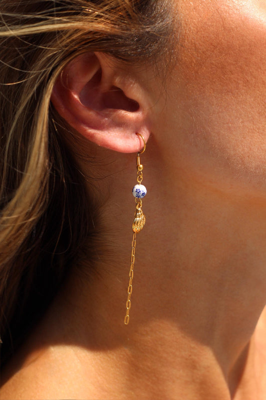 Gold Plated Waterproof Sea Shell & Porcelain Earrings – Hypoallergenic Beach Dangle Jewelry – Minimalist Jewelry