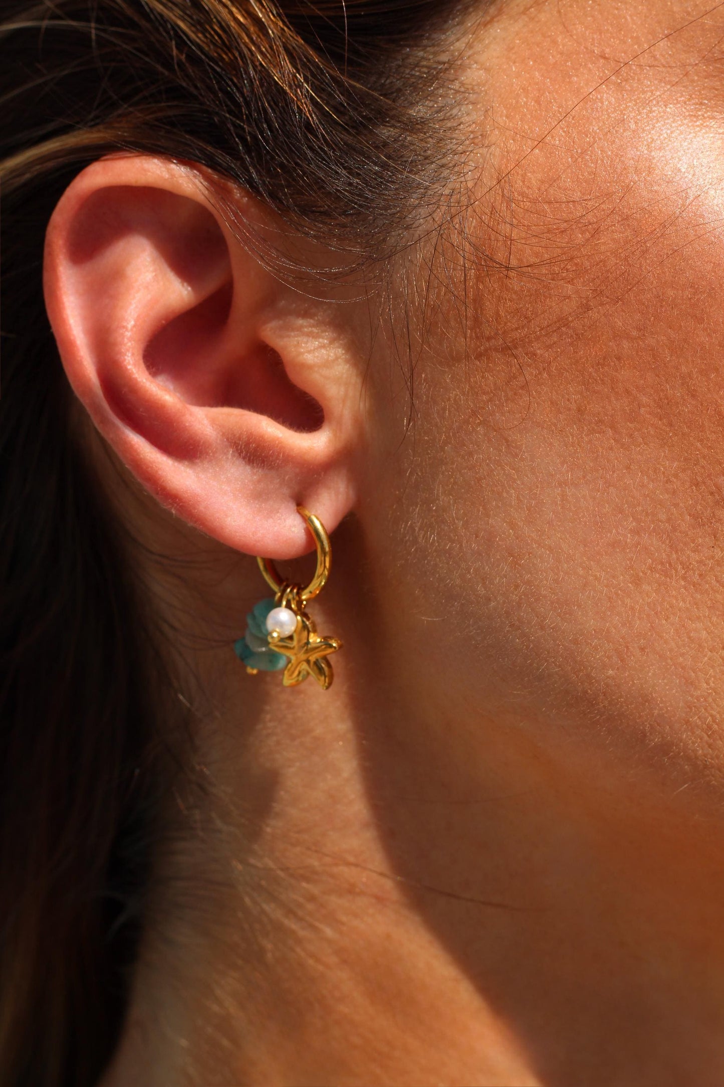 Gold Plated Waterproof Starfish & Shell Charm Earrings – Ocean Drop Hoops with Pearls minimalist jewelry