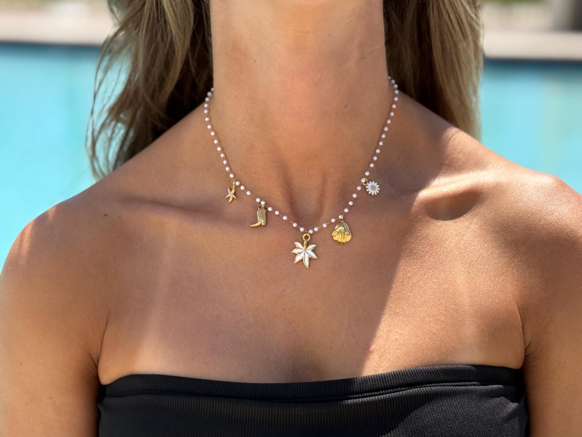 Gold Plated Charm Necklace: Cowgirl Boot, Daisy, Pearl Chain - Waterproof