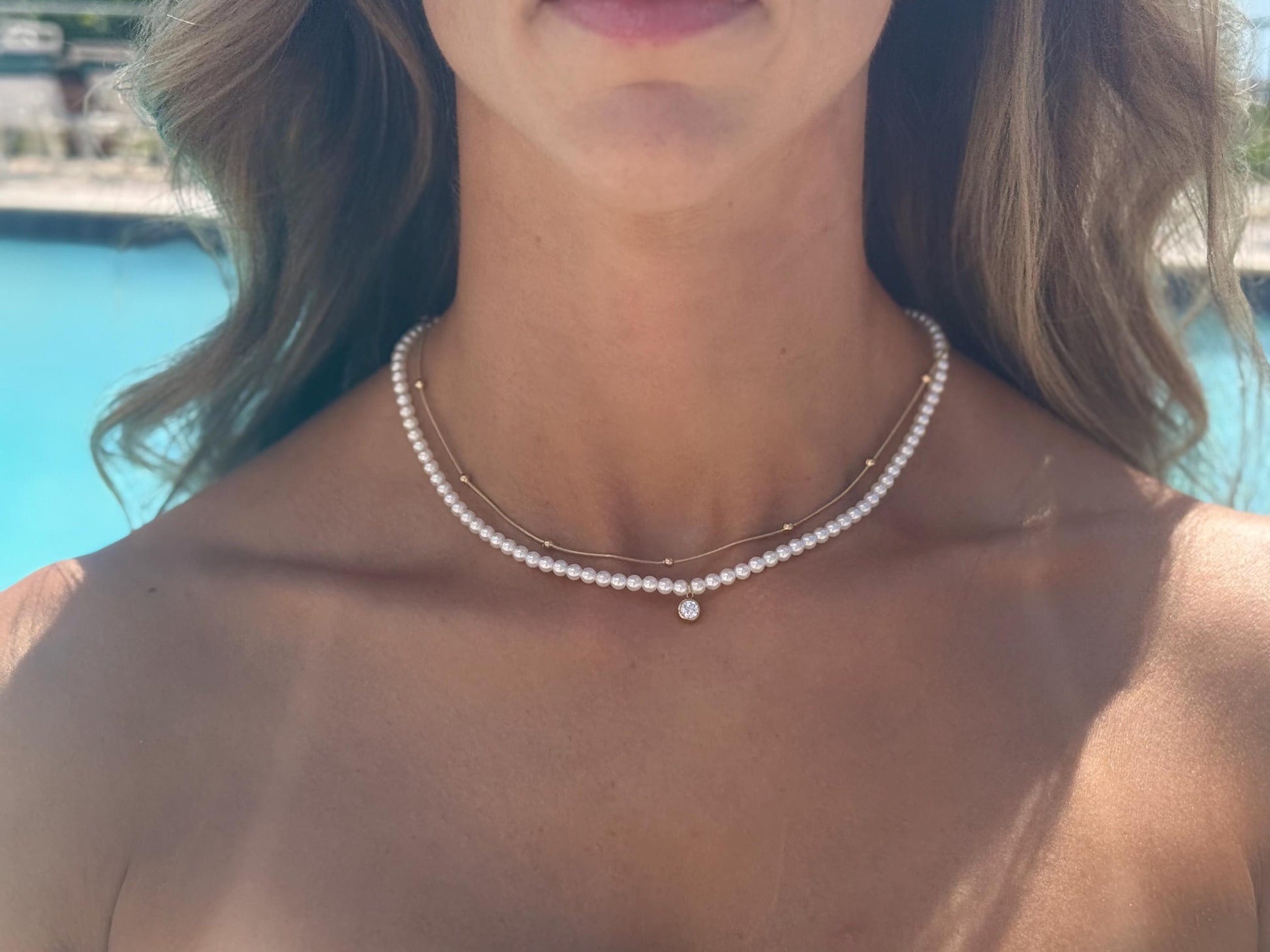 Gold Plated Double Layer Pearl Necklace: Crystal Pendant, Waterproof